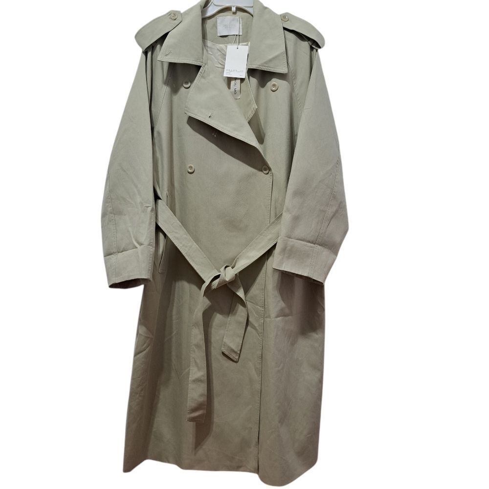 Zhou Mo Oversized Trench Coat Tencel Belted No Size Tag Medium Light Olive NWT